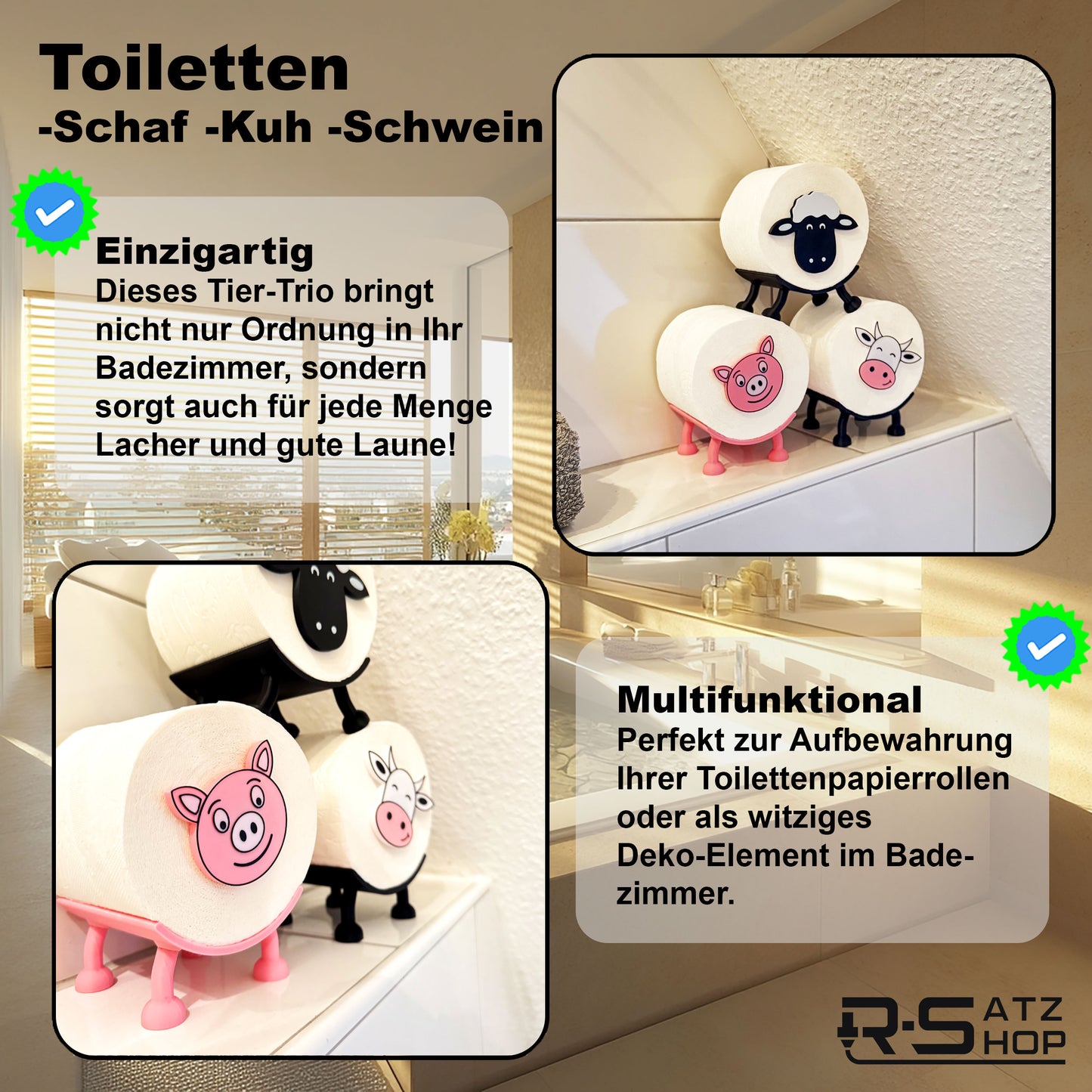Toilettenpapierhalter Schaf, Schwein & Kuh (3er Set) - Toilettenschaf stehend, Klorollenhalter ohne Bohren, Klopapierhalter Tiermotive als Aufbewahrung oder als Geschenk - Made by R-Satz Shop