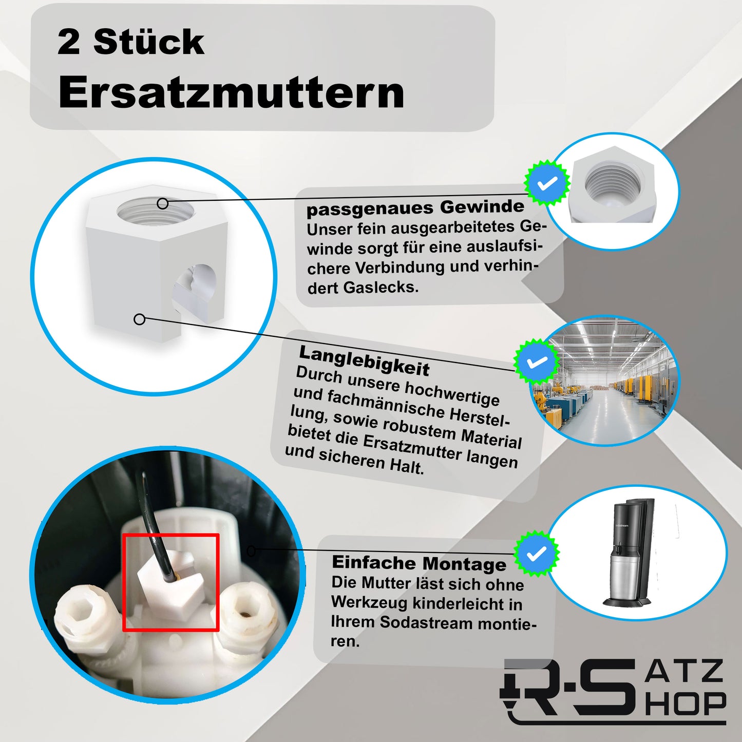 R-Satz Shop 2x Ersatzmutter passend für Sodastream Crystal 1.0 & 2.0 Ersatzteil Verschluss