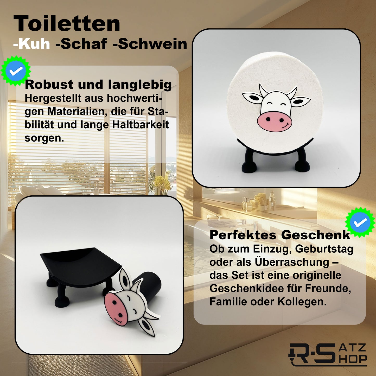 Toilettenpapierhalter Schaf, Schwein & Kuh (3er Set) - Toilettenschaf stehend, Klorollenhalter ohne Bohren, Klopapierhalter Tiermotive als Aufbewahrung oder als Geschenk - Made by R-Satz Shop