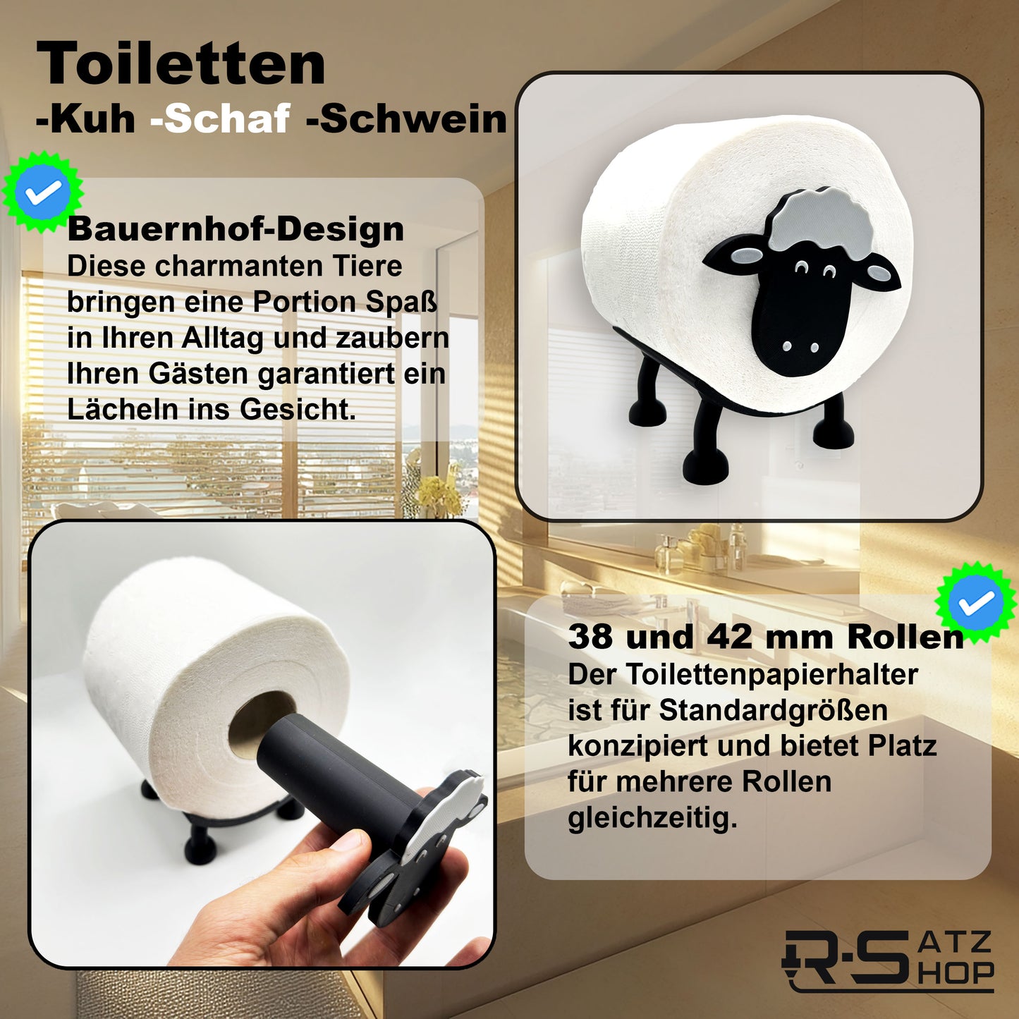 Toilettenpapierhalter Schaf, Schwein & Kuh (3er Set) - Toilettenschaf stehend, Klorollenhalter ohne Bohren, Klopapierhalter Tiermotive als Aufbewahrung oder als Geschenk - Made by R-Satz Shop
