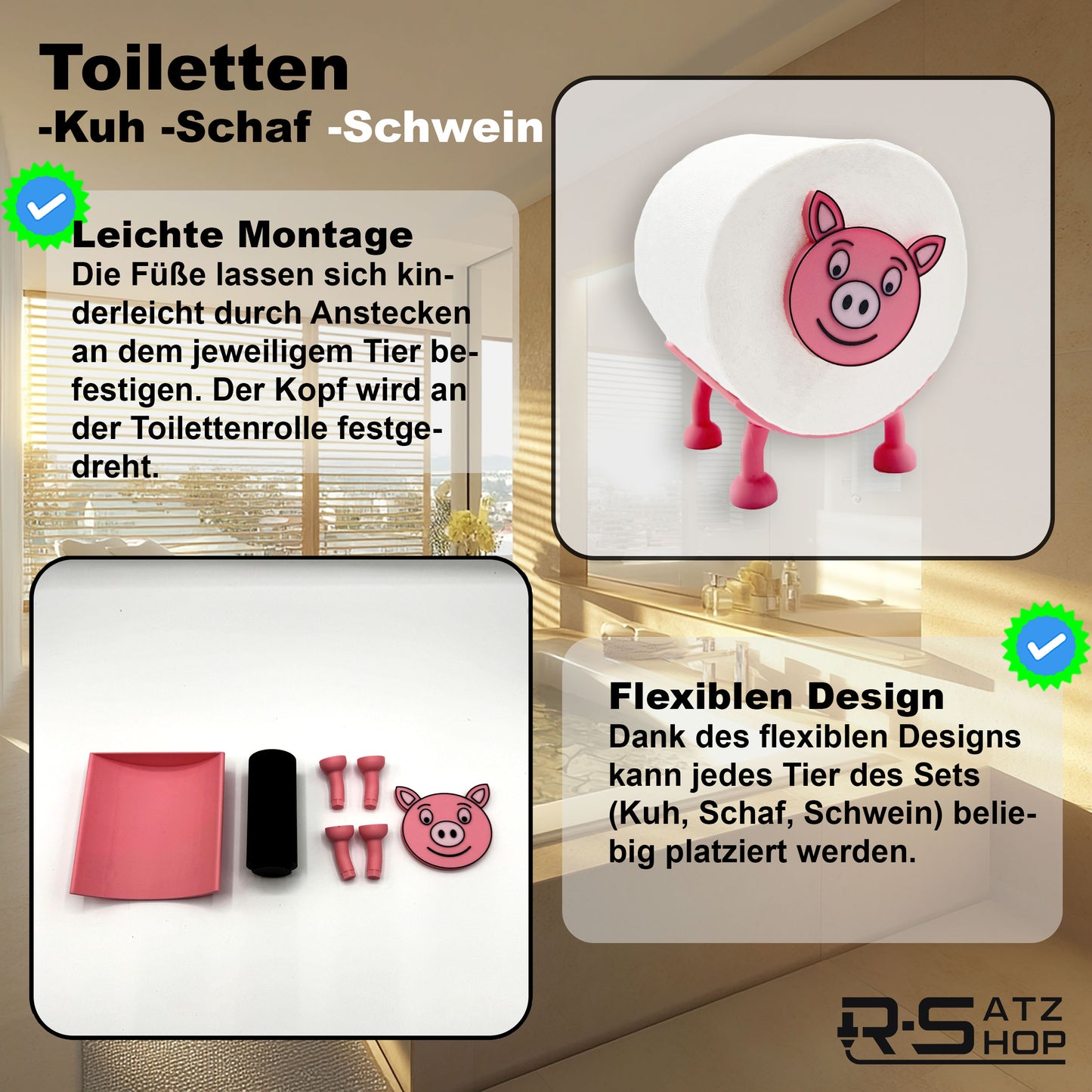 Toilettenpapierhalter Schaf, Schwein & Kuh (3er Set) - Toilettenschaf stehend, Klorollenhalter ohne Bohren, Klopapierhalter Tiermotive als Aufbewahrung oder als Geschenk - Made by R-Satz Shop