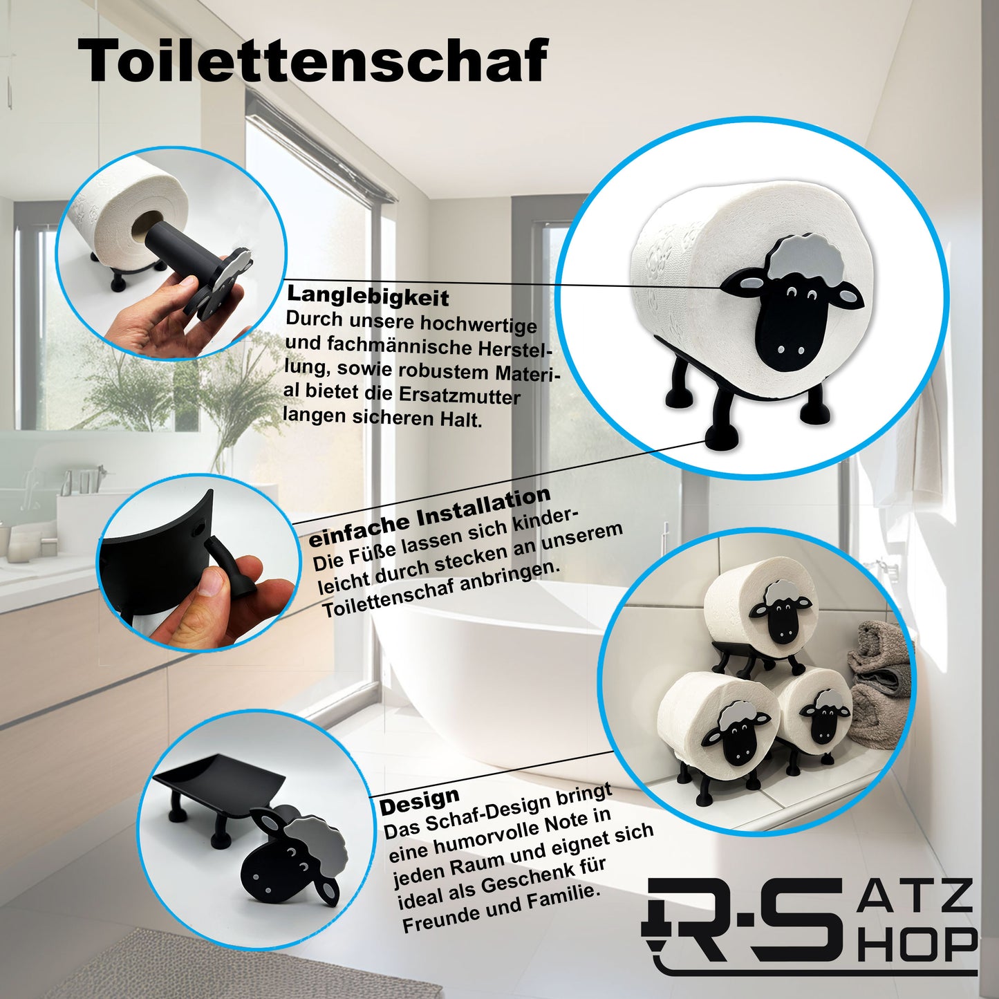 Toilettenpapierhalter Schaf (3 Stück) für 38 und 42mm Rollen - Toilettenschaf, Toilettenpapier, Klorollenhalter, Klopapierhalter Aufbewahrung oder als Geschenk - Made by R-Satz Shop