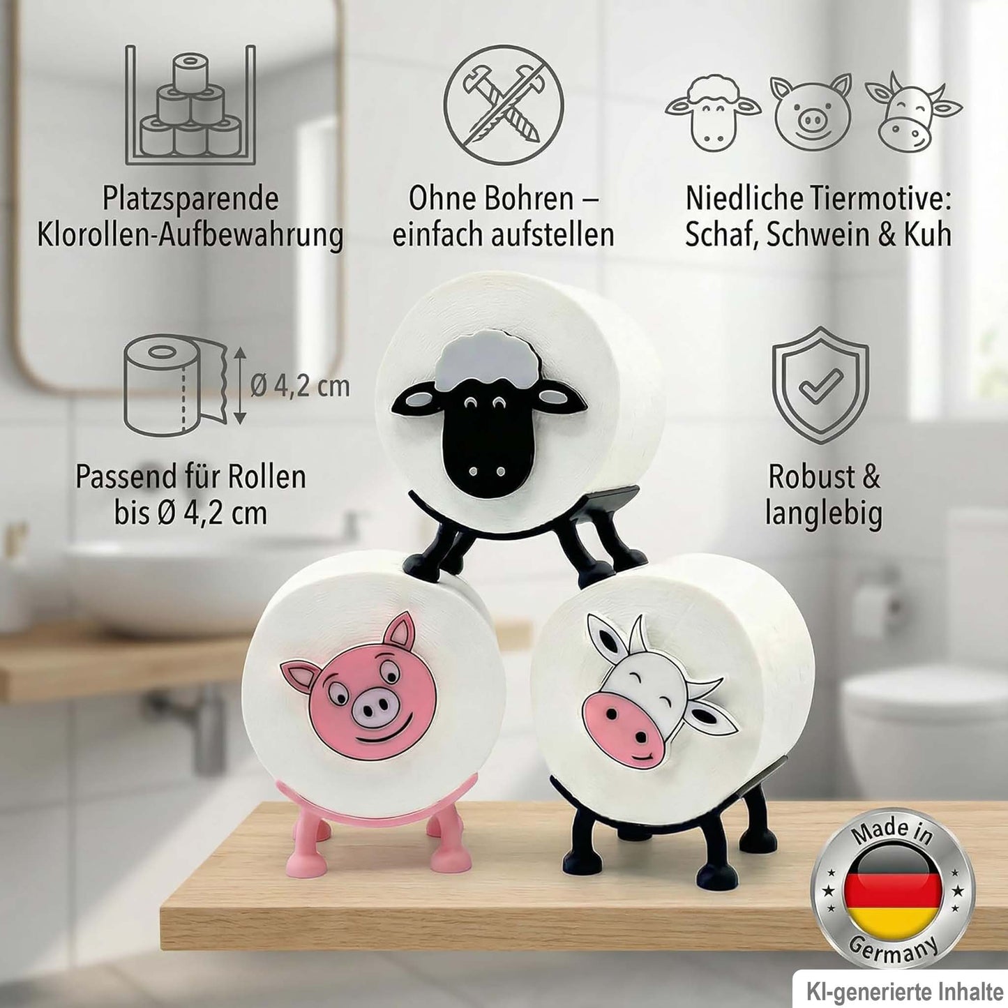 Toilettenpapierhalter Schaf, Schwein & Kuh (3er Set)