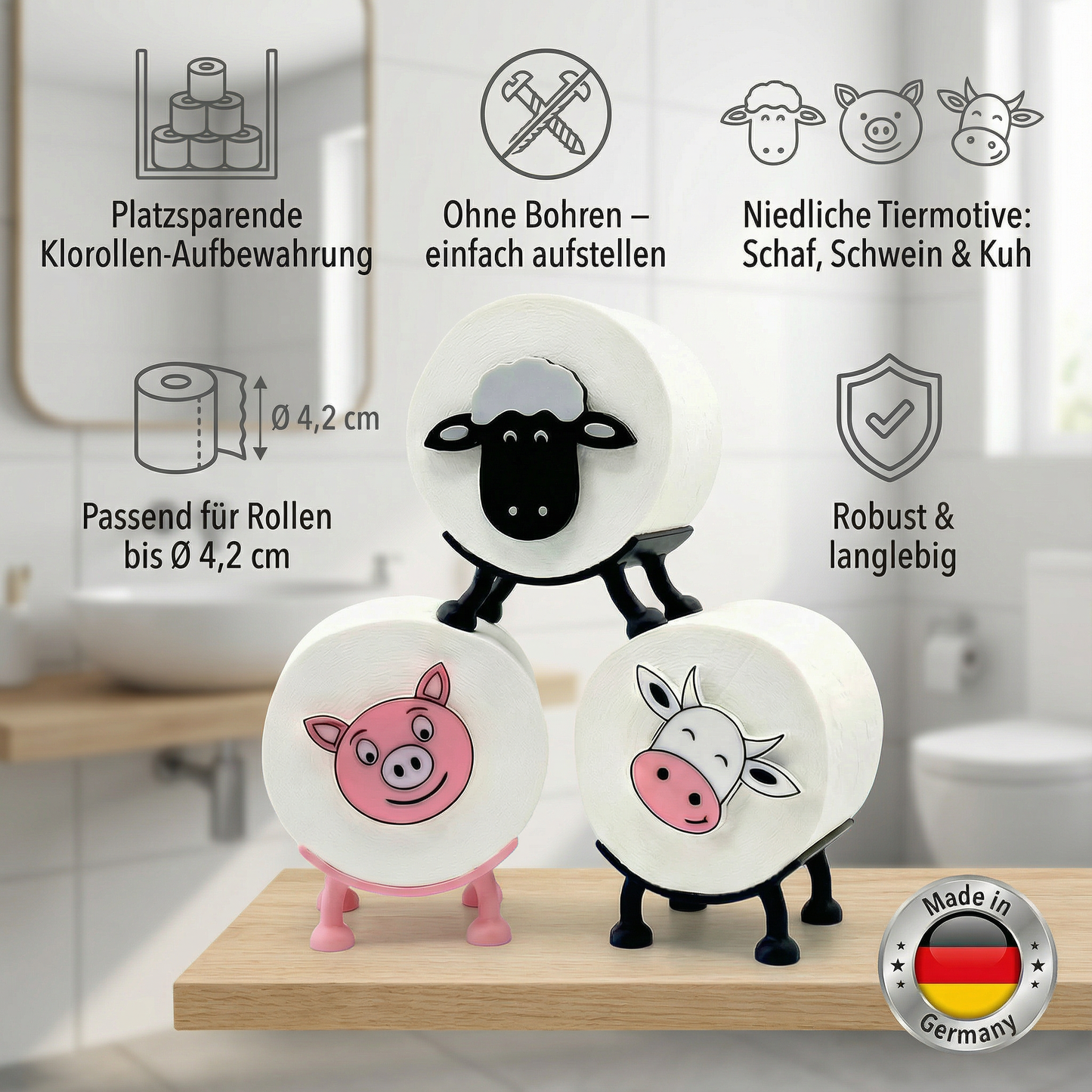 klorollen aufbewahrung Toilettenpapierhalter Schaf, Schwein & Kuh (3er Set)