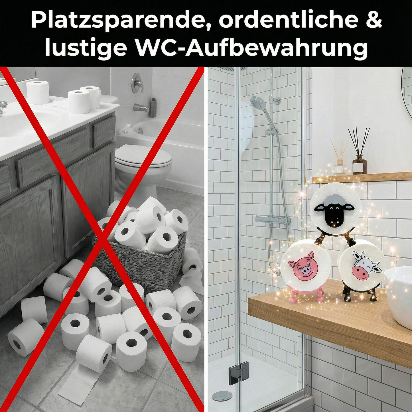 Toilettenpapierhalter Schaf, Schwein & Kuh (3er Set) - Toilettenschaf stehend, Klorollenhalter ohne Bohren, Klopapierhalter Tiermotive als Aufbewahrung oder als Geschenk - Made by R-Satz Shop
