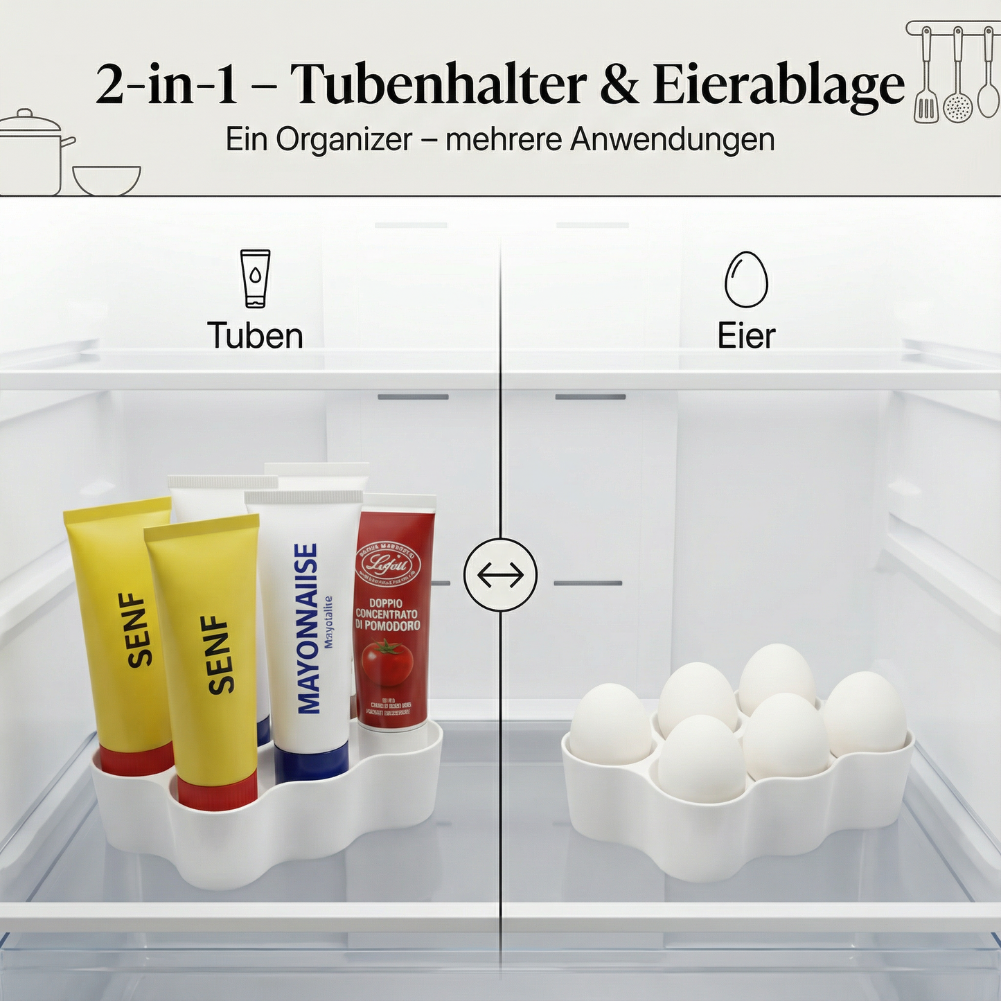 Tuben- & Eierhalter 2-in-1 – Kühlschrank-Organizer für 6 Tuben oder 6 Eier - Ordnung made by R-Satz Shop