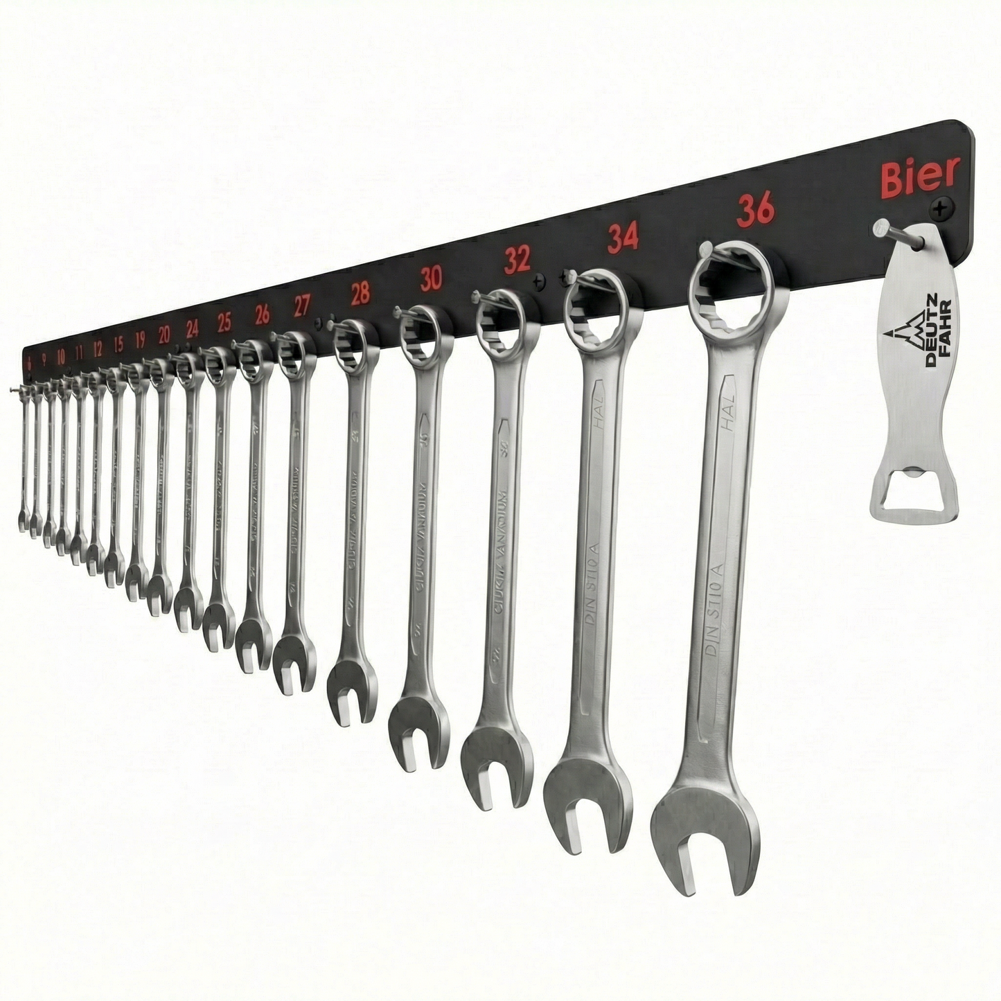 Ringschlüssel Wandhalterung für Maulschlüssel 6–36 mm – Werkzeughalter mit Flaschenöffner für Werkstatt – Einfach anschrauben | R-Satz Shop