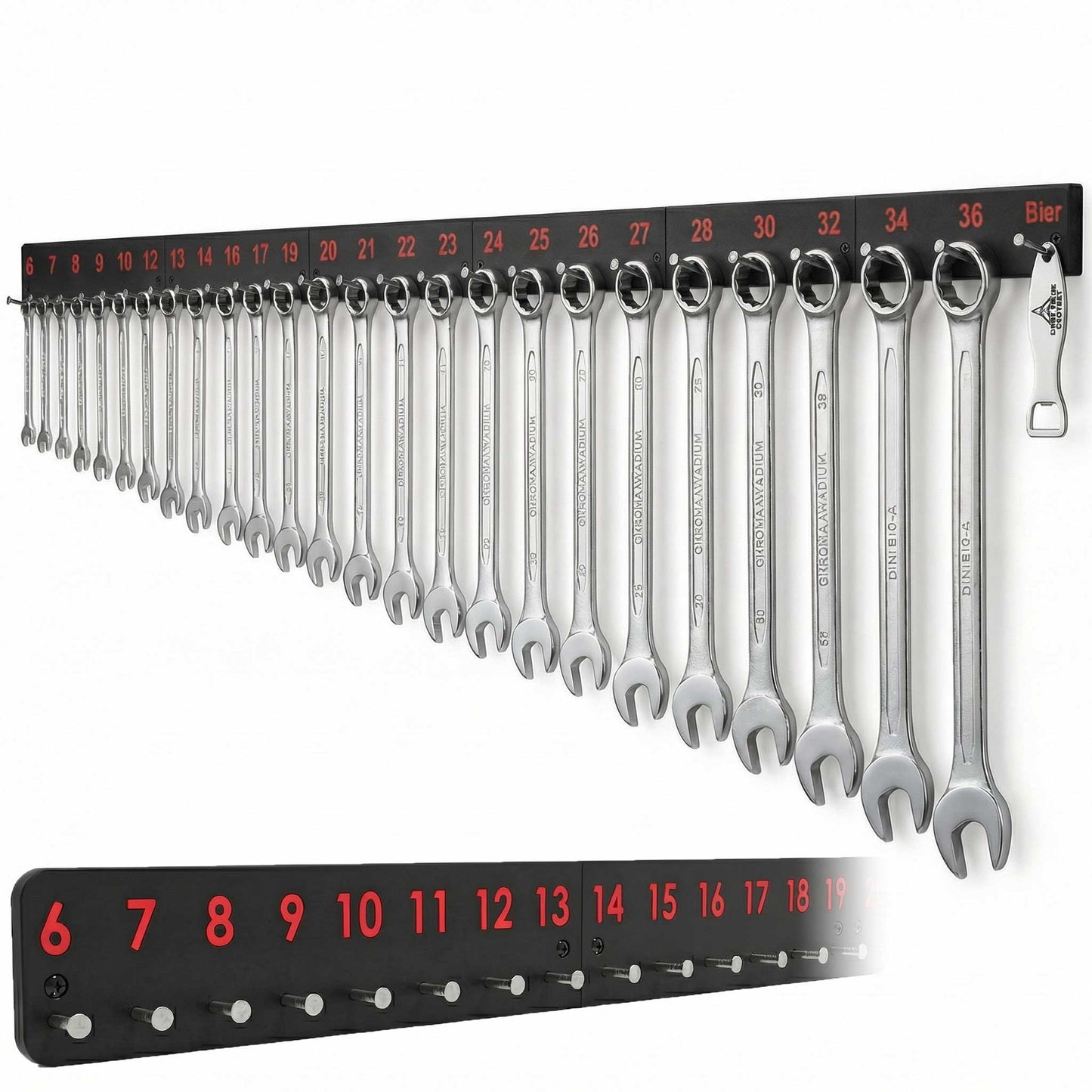 Ringschlüssel Wandhalterung für Maulschlüssel 6–36 mm – Werkzeughalter mit Flaschenöffner für Werkstatt – Einfach anschrauben | R-Satz Shop