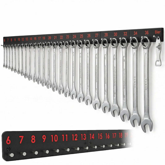 Ringschlüssel Wandhalterung für Maulschlüssel 6–36 mm – Werkzeughalter mit Flaschenöffner für Werkstatt – Einfach anschrauben | R-Satz Shop