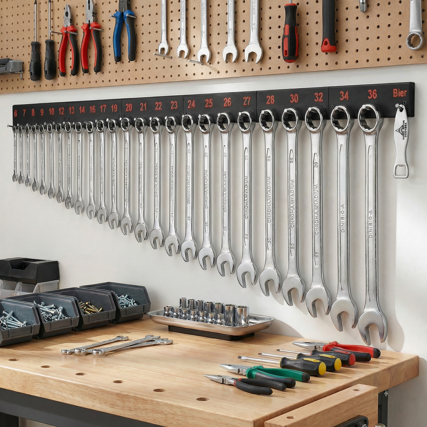 Ringschlüssel Wandhalterung für Maulschlüssel 6–36 mm – Werkzeughalter mit Flaschenöffner für Werkstatt – Einfach anschrauben | R-Satz Shop