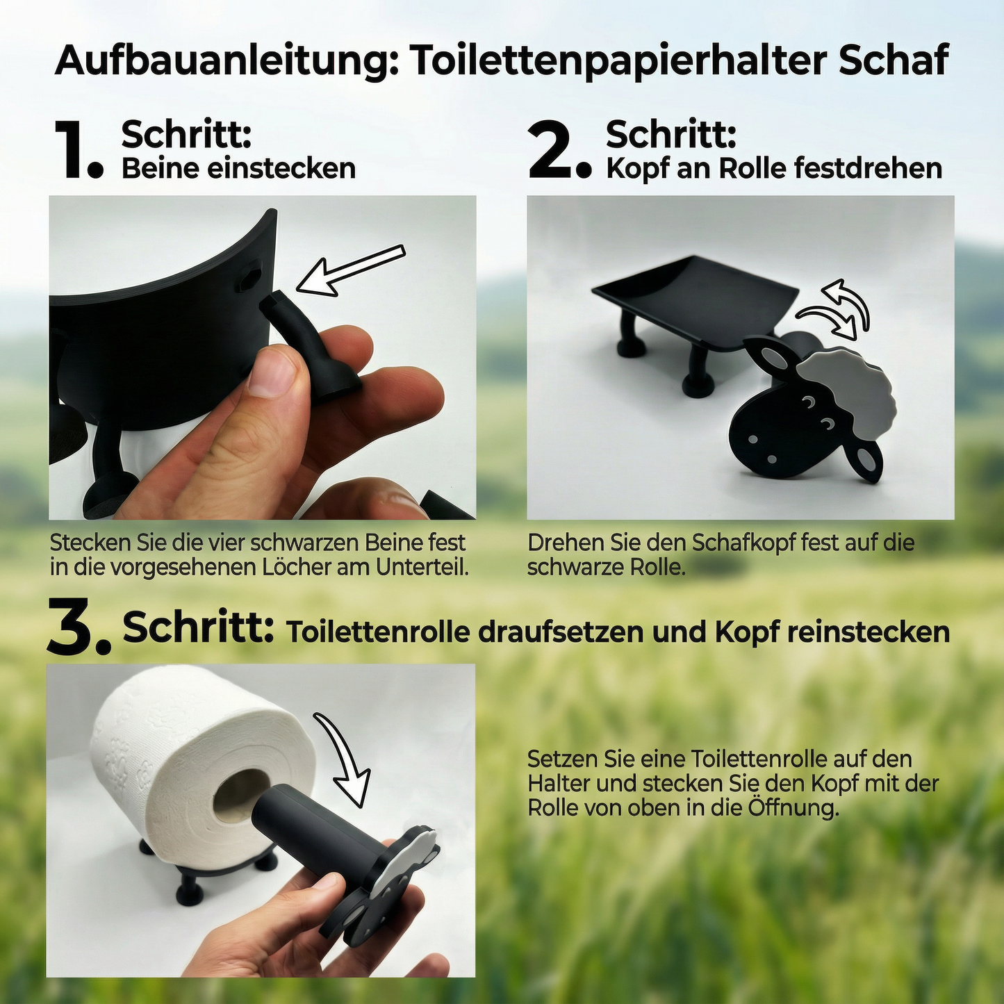 Toilettenpapierhalter Schaf (3 Stück) für 38 und 42mm Rollen - Toilettenschaf, Toilettenpapier, Klorollenhalter, Klopapierhalter Aufbewahrung oder als Geschenk - Made by R-Satz Shop