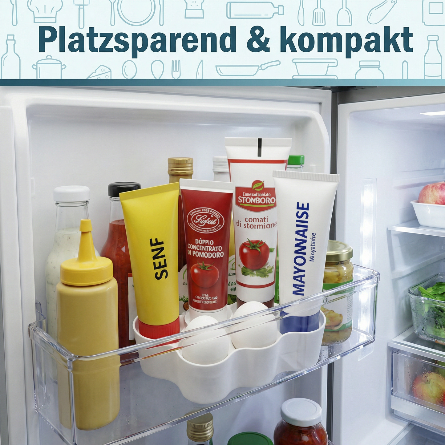Tuben- & Eierhalter 2-in-1 – Kühlschrank-Organizer für 6 Tuben oder 6 – R-Satz Shop