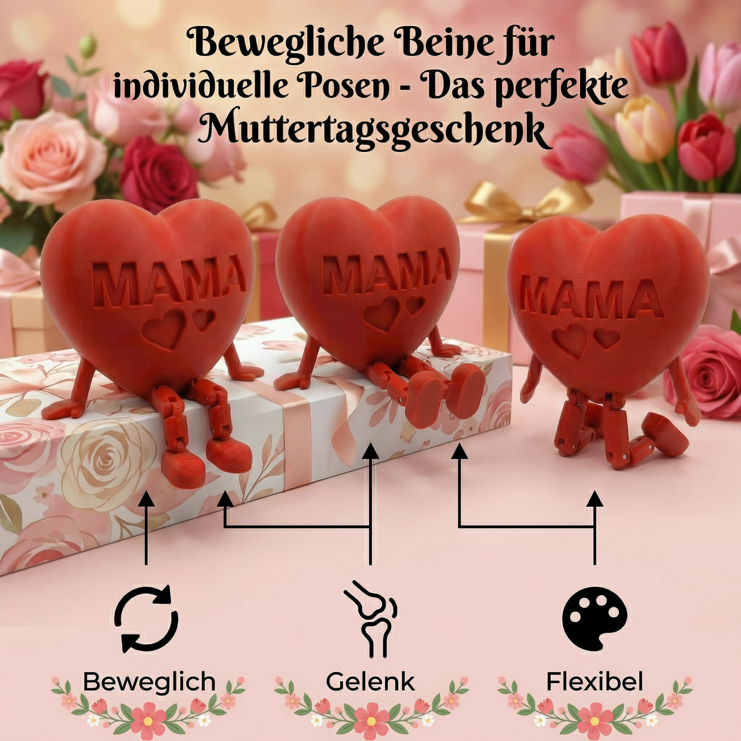 Muttertagsgeschenk Herz Deko mit beweglichen Beinen – Süße „Mama“ 3D Figur
