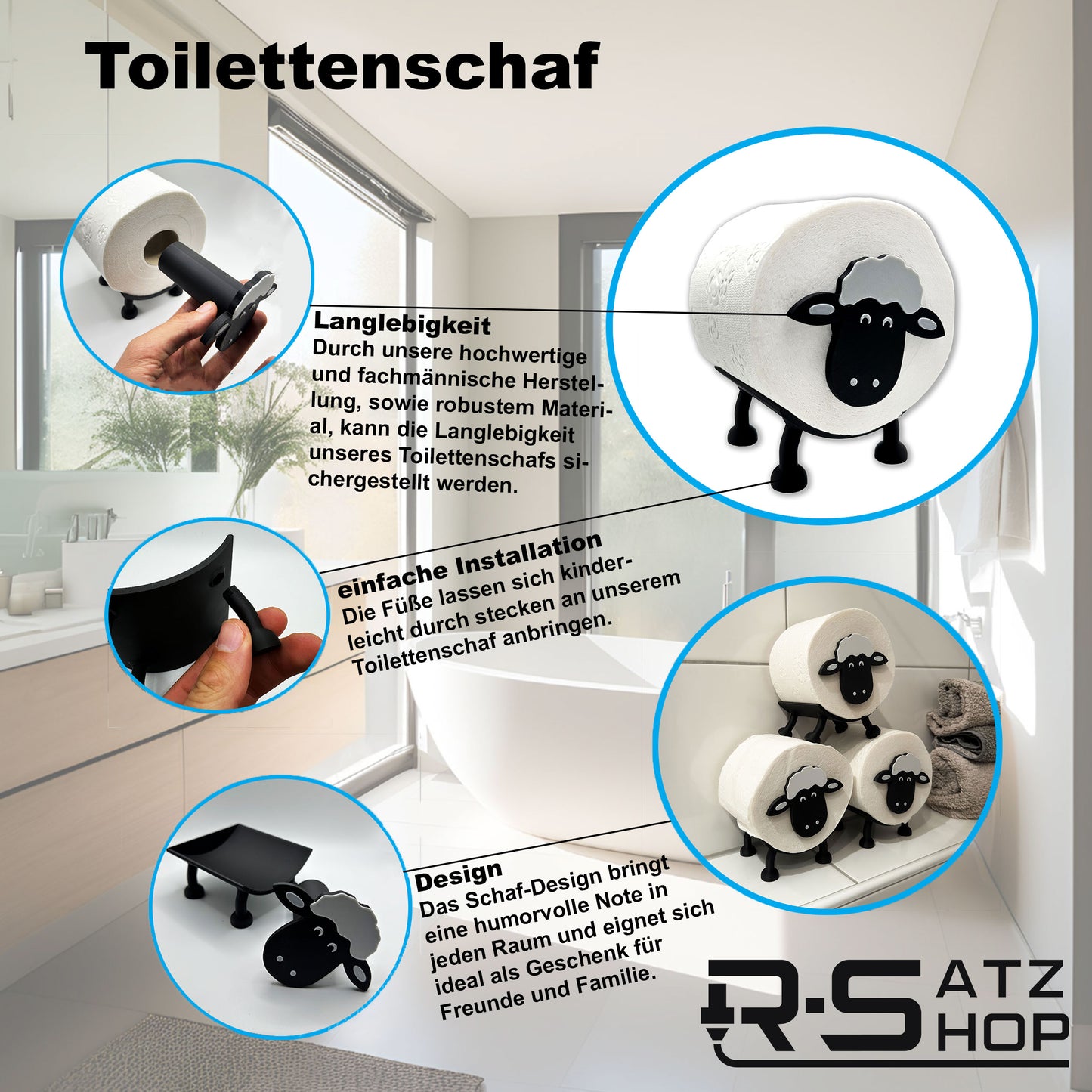 Toilettenpapierhalter Schaf für 38 und 42mm Rollen - Toilettenschaf, Toilettenpapier, Klorollenhalter, Klopapierhalter Aufbewahrung oder als Geschenk - Made by R-Satz Shop