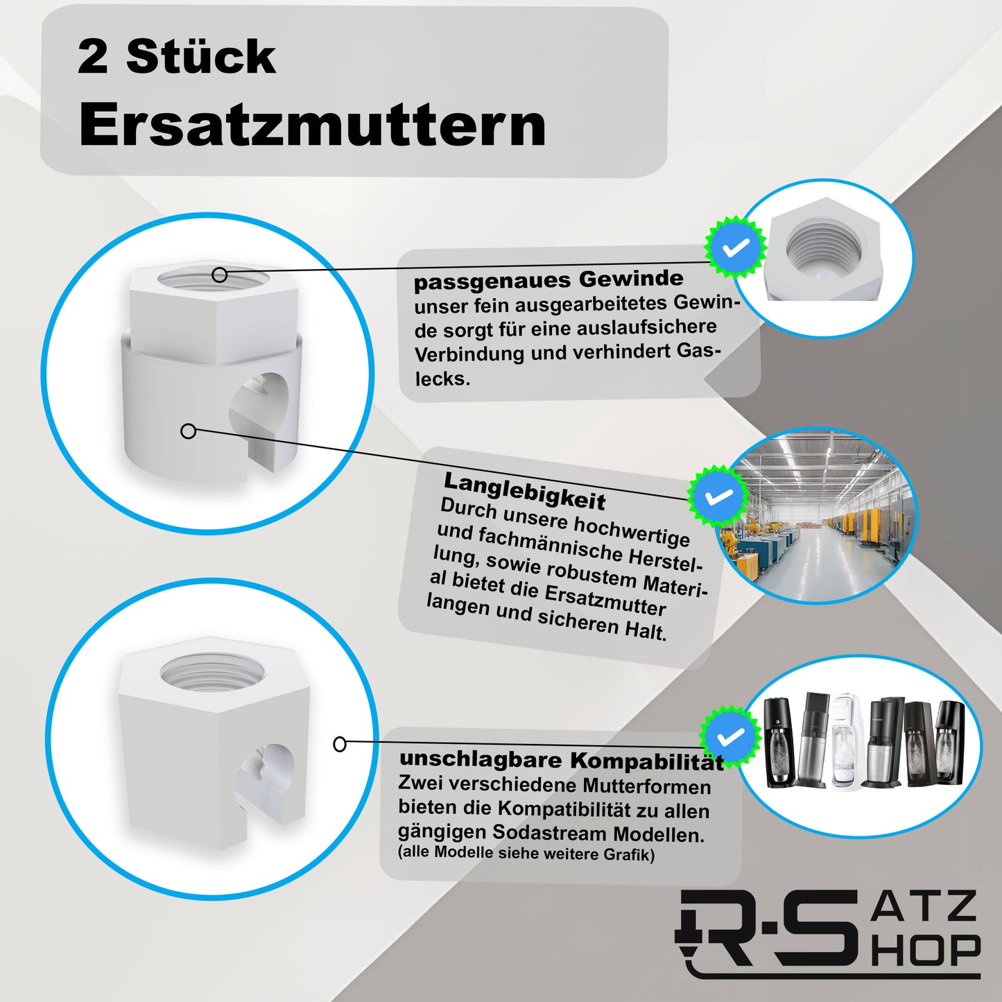 Ersatzmutter passend für Sodastream 2 Stück Kompatibel mit Crystal 1, 2 & 3, Duo, Jet, Spirit, Easy, Terra - Zubehör, Wassersprudler, Sprudelwasser, Reparatur, Schlauchanschluss - Made by R-Satz Shop