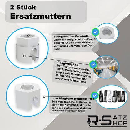 Ersatzmutter passend für Sodastream 2 Stück Kompatibel mit Crystal 1, 2 & 3, Duo, Jet, Spirit, Easy, Terra - Zubehör, Wassersprudler, Sprudelwasser, Reparatur, Schlauchanschluss - Made by R-Satz Shop