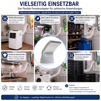 Klimaanlage Abluftschlauch Adapter DN150 (150 mm) – Fensteradapter für mobile Klimageräte – Passend für Kippfenster, Dachfenster & Schwingfenster | R-Satz Shop
