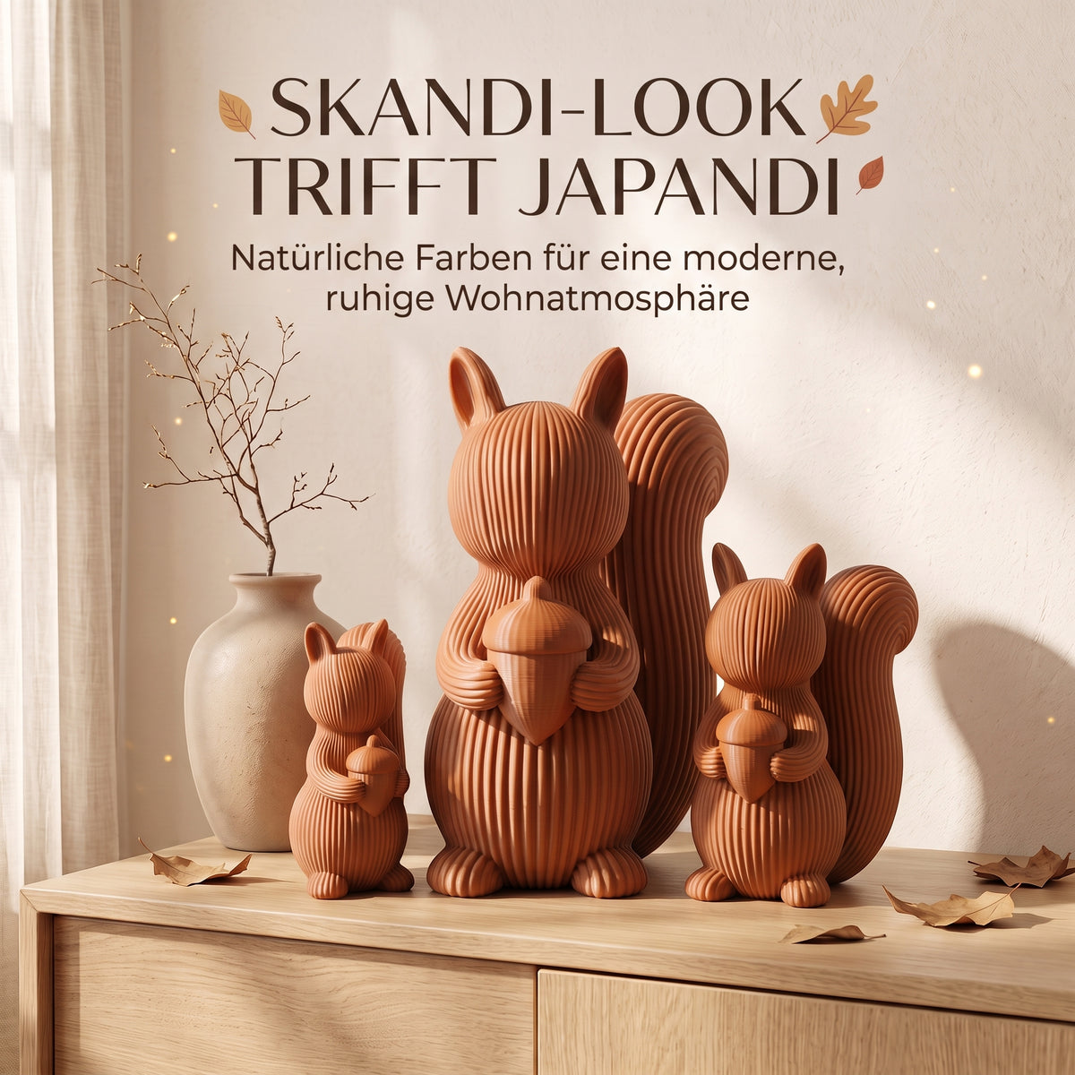 Eichhörnchen Deko 3er-Set – Scandi & Japandi Dekofiguren in Beige, Elfenbein & Braun | Moderne Herbstdeko für Tisch, Regal & Fensterbank