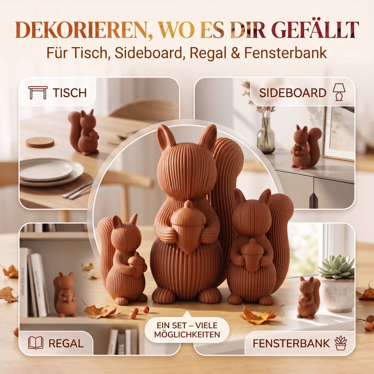 Eichhörnchen Deko 3er-Set – Scandi & Japandi Dekofiguren in Beige, Elfenbein & Braun | Moderne Herbstdeko für Tisch, Regal & Fensterbank
