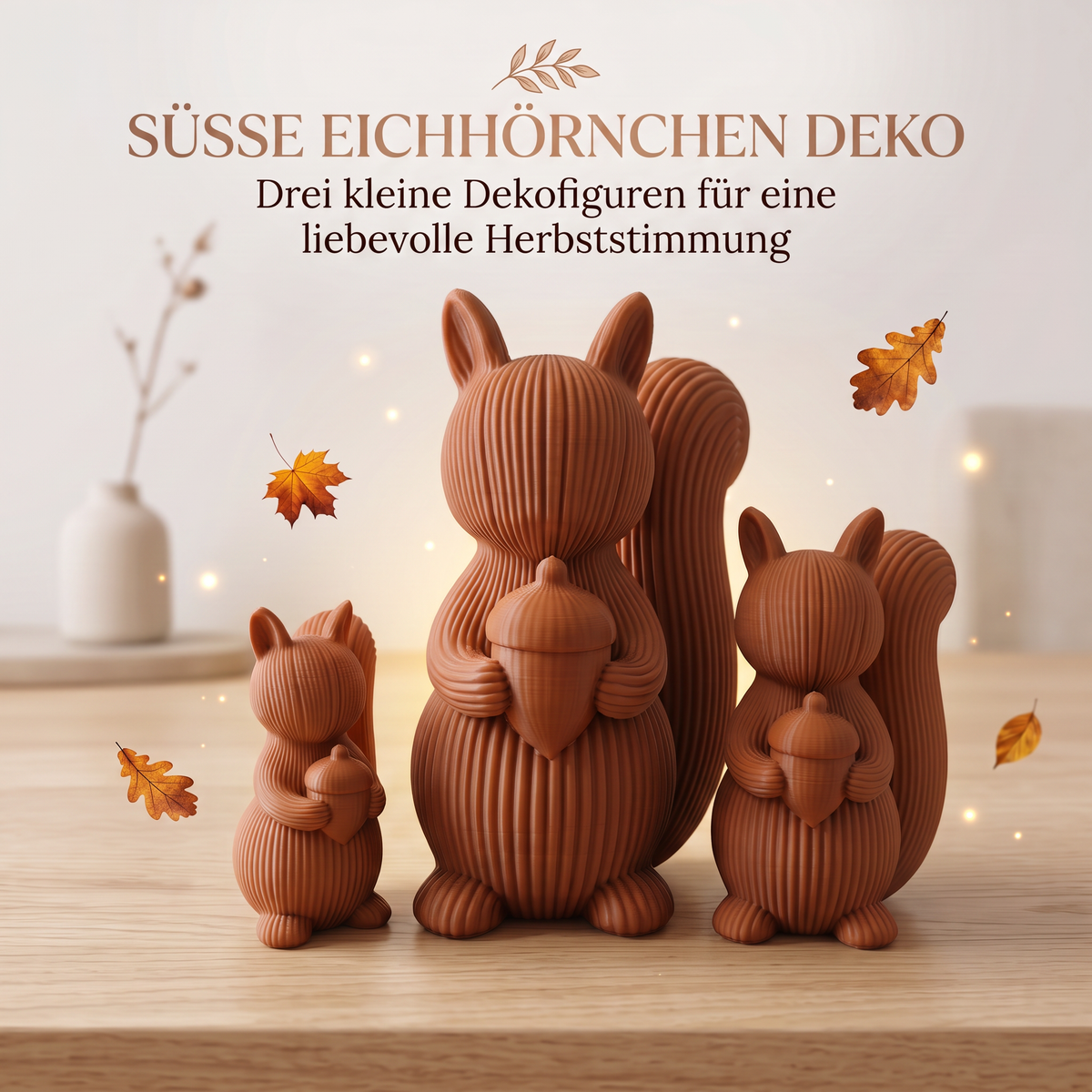 Eichhörnchen Deko 3er-Set – Scandi & Japandi Dekofiguren in Beige, Elfenbein & Braun | Moderne Herbstdeko für Tisch, Regal & Fensterbank